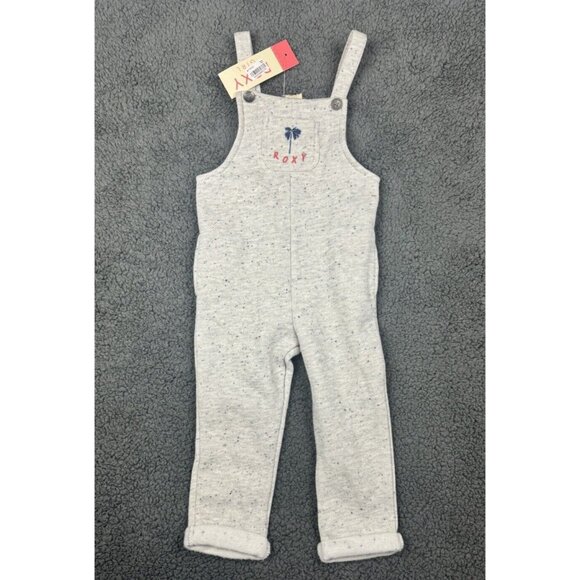 NWT Roxy Overalls Girl 2T 2 Gray Speckled Dot Blue Palm Tree Pocket - Picture 1 of 11
